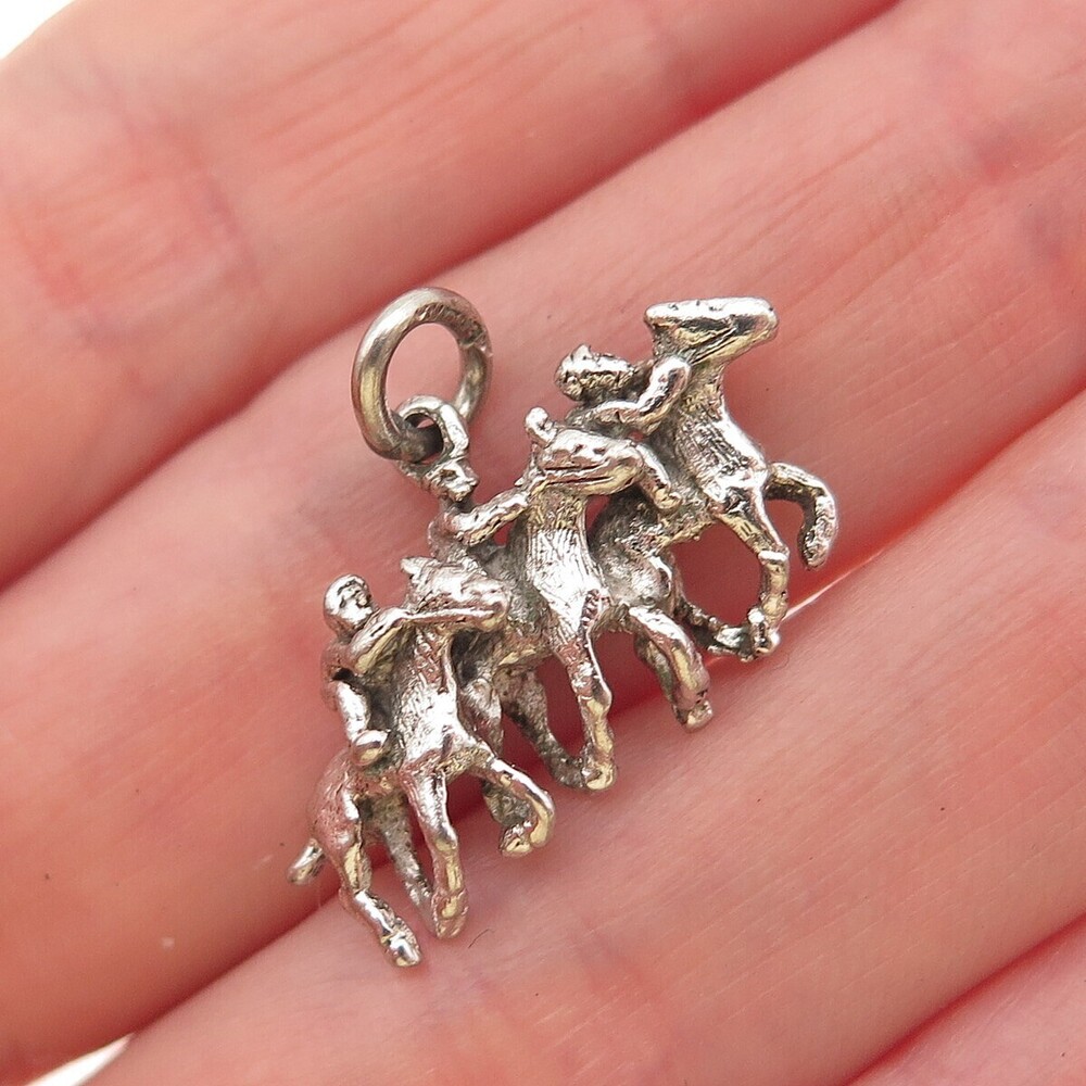 925 Sterling Silver Vintage Horse Racing Oxidized 3D Mini Charm Pendant